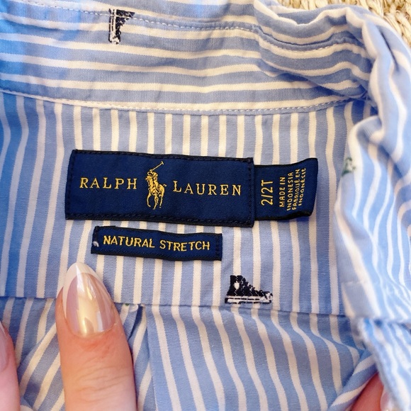 Ralph Lauren Boys Button Down Shirt Size 2T Blue Cotton Striped Embroidered - Picture 3 of 6